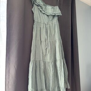 Heartloom One-Shoulder Ruffle Tiered Dress in Sage Green